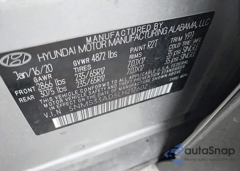 2020 Hyundai Santa Fe Sel z USA, uszkodzony, nr VIN 5NMS33AD5LH217602